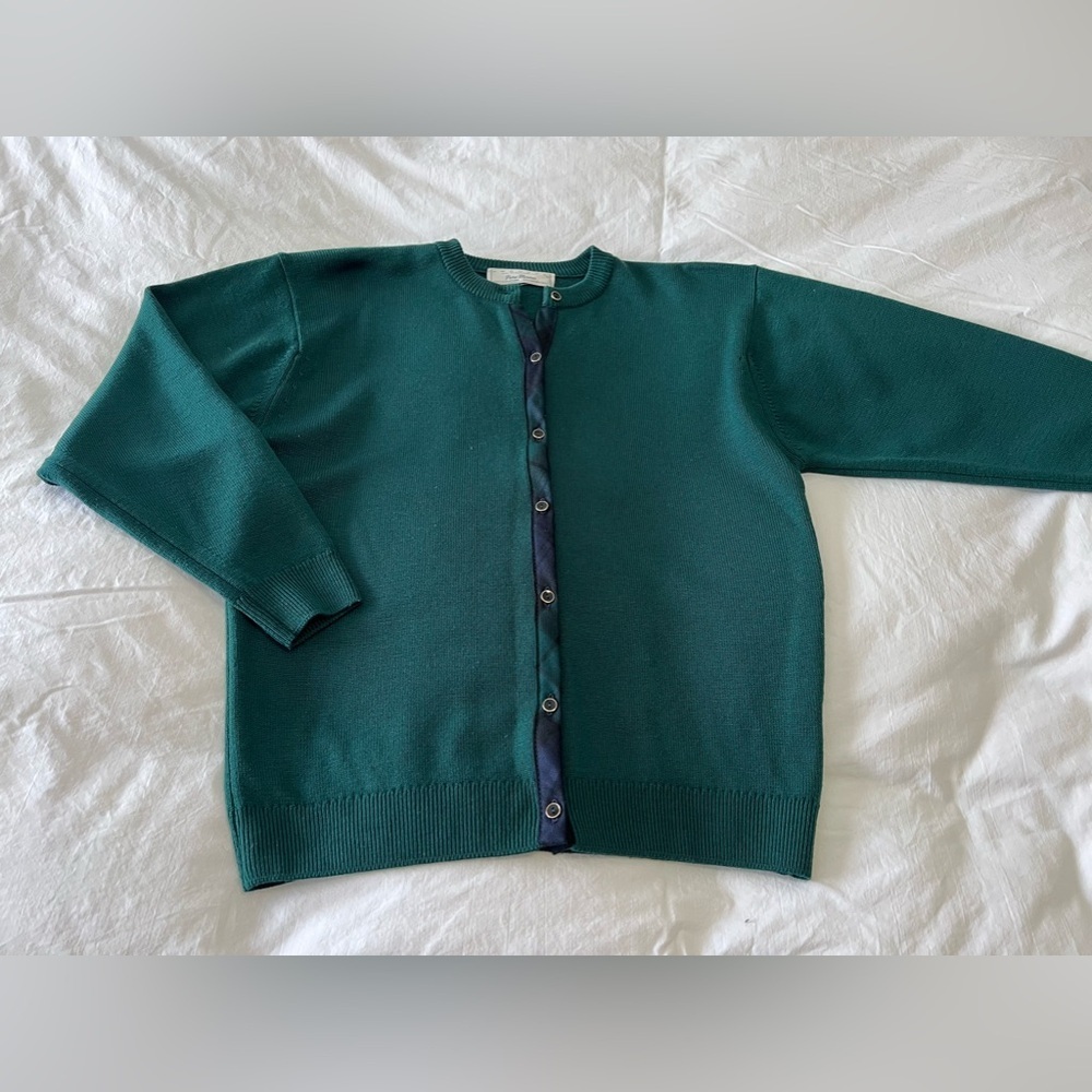 Hodgson | Women’s SZ S | VTG Cardigan Scotland | Green Plaid Trim Merino Wool
